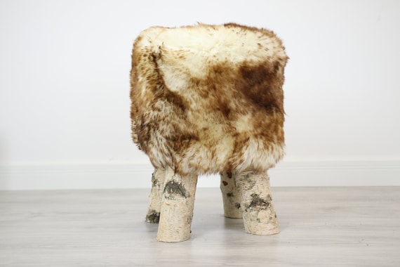 Wood Stool | Fur Stool | Sheepskin pouf |Sheepskin stool | Vanity Stool | Birch tree stool | red fur stool