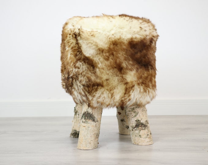 Wood Stool |  Fur Stool | Sheepskin pouf |Sheepskin stool | Vanity Stool | Birch tree stool | red fur stool