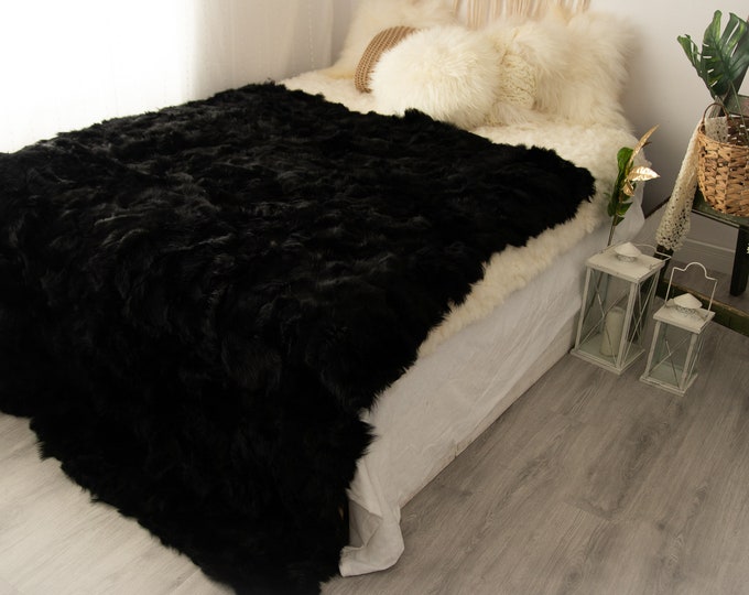 Luxurious Toscana Sheepskin Real Fur Throw | Real Fur Blanket | Sheepskin throw | Black Throw