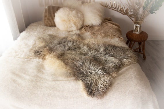 Real Sheepskin Rug Genuine Rare Gotland Sheepskin Rus - Curly Fur Rug Scandinavian Sheep skin - Gray Ivory Sheepskin #KWAGOT8