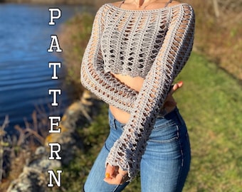 Gehaakte kanten crop top met lange mouwen PATROON//PDF haakpatroon