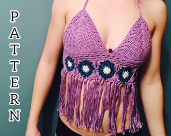 Summer Festival Flower Laced Fringe Crochet Bikini Top Pattern- Halter Top - Written Downloadable Pattern - PDF File