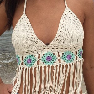 Summer Festival Flower Laced Fringe Crochet Bikini Top Pattern- Halter Top - Written Downloadable Pattern - PDF File image 2