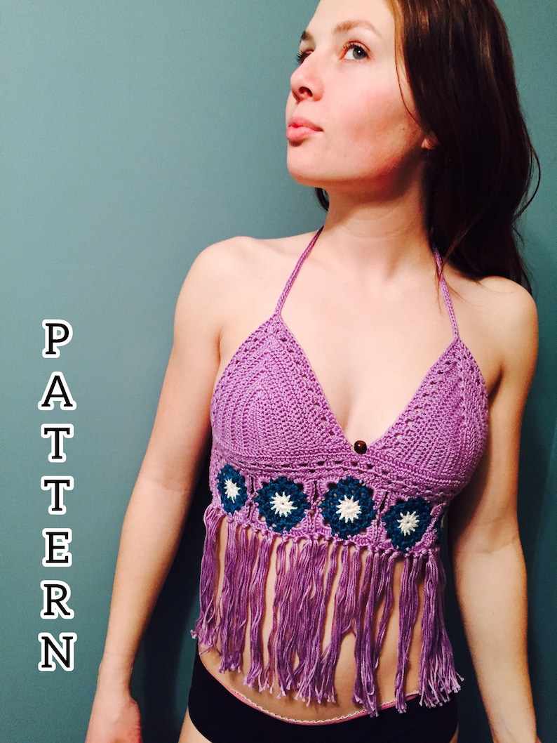 Summer Festival Flower Laced Fringe Crochet Bikini Top Pattern- Halter Top - Written Downloadable Pattern - PDF File image 1