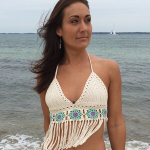 Summer Festival Flower Laced Fringe Crochet Bikini Top Pattern- Halter Top - Written Downloadable Pattern - PDF File image 4