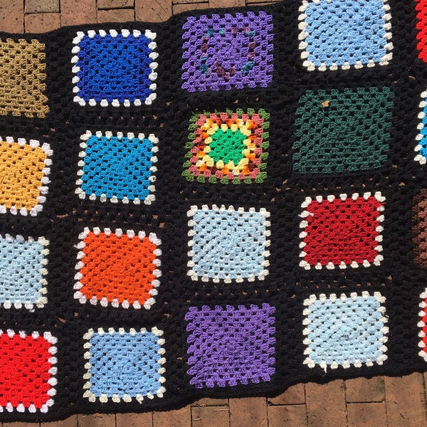 100" x 50"  Colorful granny stitch squares black rainbow afghan  1225046