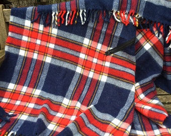 55" x 55" Faribo wool blend blanket poncho plaid red white blue middle zipper P3545025