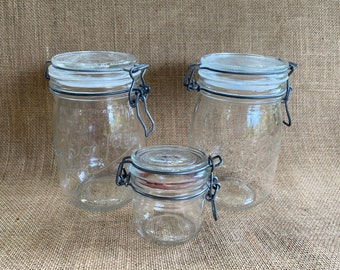 3 Piece set Le Parfait France hermetic jar set two 1 liter, one 200 mL  , Le Parfait wire clip jar set,  #6  072280075