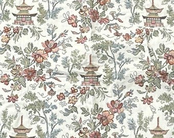 54" x 44" vintage Asian pagoda and floral upholstery fabric creamred green Japan