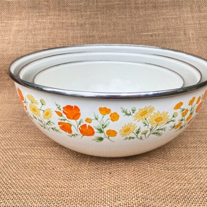 Enamel floral nesting mixing bowl set of 3  white with orange and yellow flowers