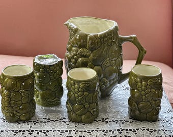 1960s Olive Ceramic Pitcher Set, Handmade Fruit Design, Vintage Barware 0321100058