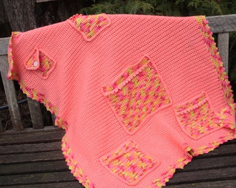 36" x 46" pink orange yellow afghan, afghan with pockets, child's afghan  042235785