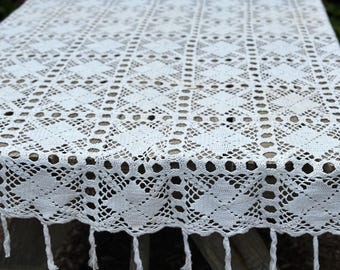 84" x 90" Hand crochet white cotton tablecloth  062660098