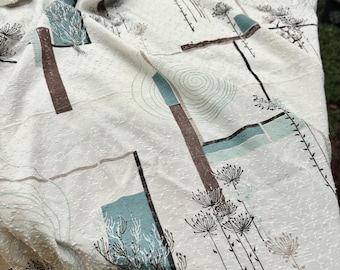 43” x 60” barkcloth-like MCM brown aqua cream fabric  062630006