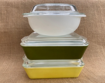 Green yellow white rectangle Pyrex casserole with top, vintage Pyrex casserole dish, round white Pyrex casserole covered dish 42279924