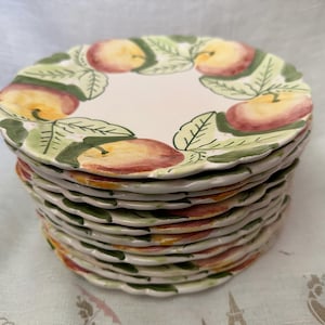 Set of 12 hand-painted Portuguese dessert plates fruit colorful apples and leaves