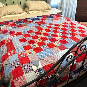 80 x 64 inch antiek vintage katoenen handgemaakte quilt rood wit en blauw calico groot formaat 0525159985
