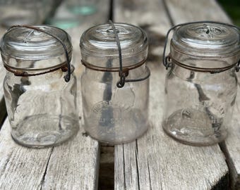 Lot of 3 The Smalley Self Seal Wide Mouth pint canning jars with glass lids and wire bails Early 1900s  022680078