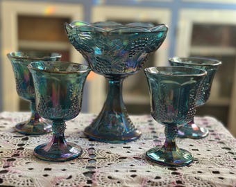 Indiana Glass Co Blue Carnival Glass MCM pedestal bowl and goblet set blue irridescent set of 5 pieces grape pattern  112510508
