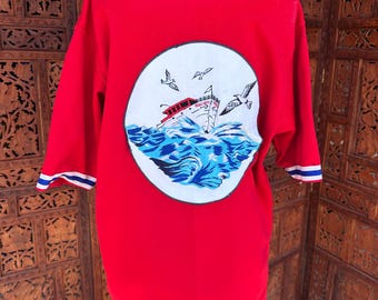 Vintage size Europe 42 blue and red bowling shirt with ship boat trawler ocean. 08266008