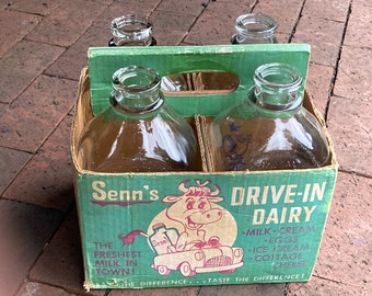 Waxed cardboard carton with 4 half gallon glass milk bottles  Senn's Drive-In Dairy