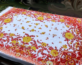 66" x 50" Orange and yellow floral and paisley tablecloth 112350025