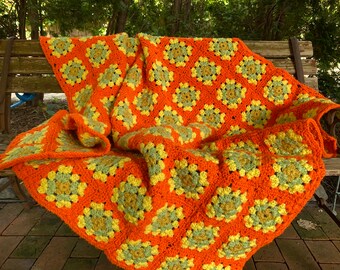 60" x 52" Orange yellow green granny square afghan 102325014