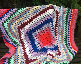 SALE 50" x 50" rainbow square pattern granny stitch striped   P1239965