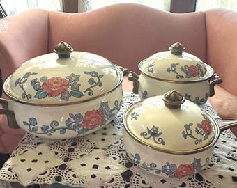 Set of 3 vintage Normandy enamel pots floral 7251299876