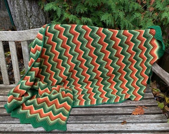 35" x 65" Green and orange zig zag afghan  112225074