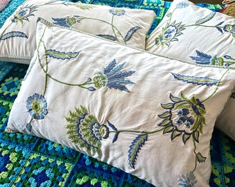 Set of three 16" x 36" Pottery Barn embroidered floral white blue green feather lumbar pillows 0426300878