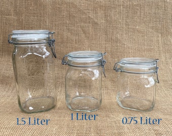 Set of 3 Fido wire clip jars, set of 3 hermetic jars 1-1/2 liter  1 liter  3/4 liter set, Italian clip jar set, Bormioli Rocco  042289952 #1