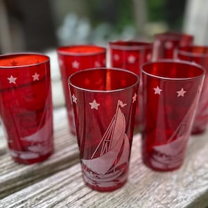 7 Hazel Atlas Ruby Segelboot und Sternen Becher 10 oz. 042613895