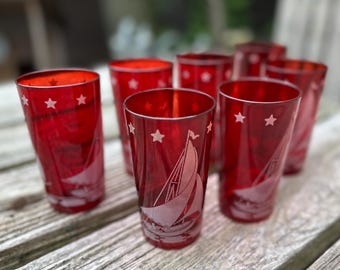 7 Hazel Atlas Ruby sailboat and stars tumblers 10 oz. 042613895