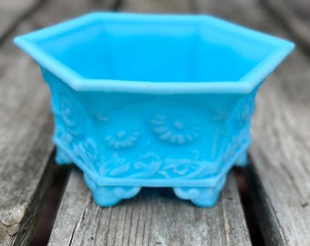 Fenton blue satin opaline art glass planter footed hexagonal  072676755