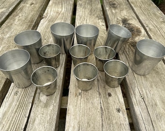 Lot of 12 old aluminum and steel (?) cups for baking drink making