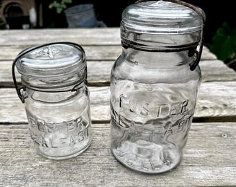 Set of 2 Foster Sealfast wire clip bale glass lid canning jars pint quart  09265787