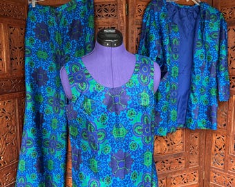 Vintage Small Thai Silk Blue & Green Floral Print Women's Jacket, Tank, and Pants Set  12659998