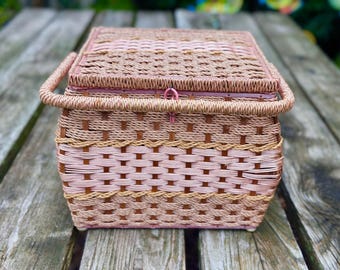 Pink wicker satin-lined sewing basket  0726809
