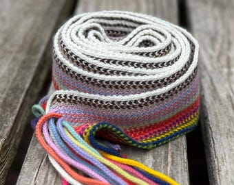 Long colorful woven belt sash with fringe 113” long