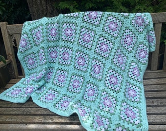 40" x 54" purple blue and green granny square afghan, daisy flower square throw 072275036