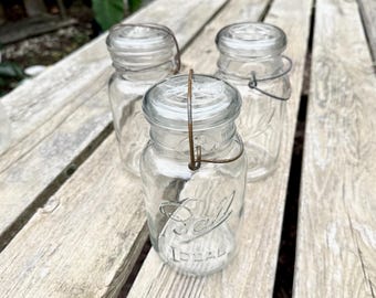 Set of 3 Ball Ideal wire clip bale glass top quart jars #5  #3 clear 1930s - 1960s  022675009