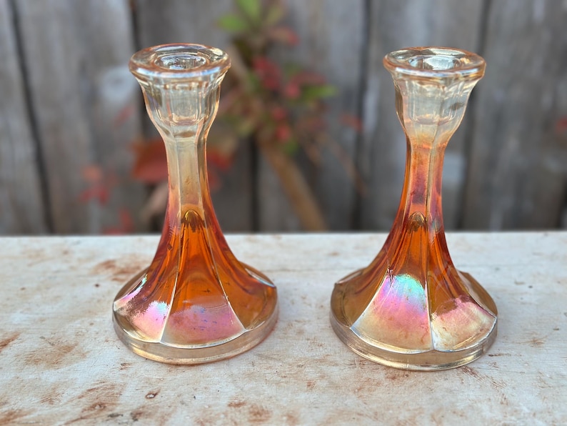 Pair of antique Marigold orange carnival glass candle stick holders iridescent 1025699456