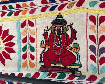174" x 18" vintage Banjara wall hanging embroidered textile banner door Ganesha