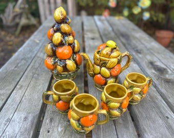 Inarco Ceramic Orange Spice Teapot Set, MCM Centerpiece Fruit basket 1970s 1125100698