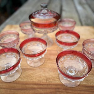 Set of 9 King’s Thumbprint compote candy dishes covered dessert set ruby flash cranberry flash
