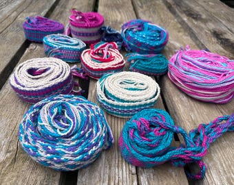 Assorted handmade Inkle loom / card weaving belts guitar strap sashes pink blue aqua turquoise purple