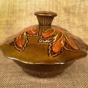 Vintage California Pottery Autumn Leaf mid century small covered dish 875 855 Made in Calif USA