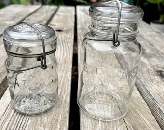 Set of 2 Atlas E-Z Seal wire clip bale glass top canning jars 1 quart 1 pint  092657878
