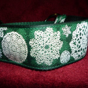 Luxurious 1.5 inch Martingale Greyhound / Lurcher / Whippet Collar - Lace Snowflakes on green